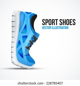 Running curved blue shoes. Bright Sport sneakers symbol. Vector illustration isolated on white background.