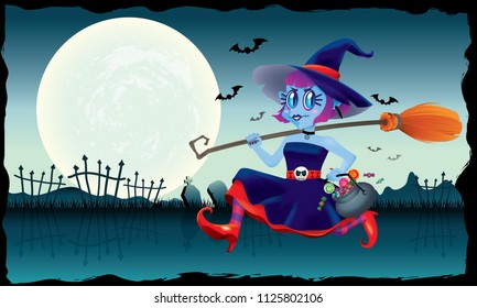 A running cute witch, holding a bowl of candies and a magic broom in her hand. With spooky background.
