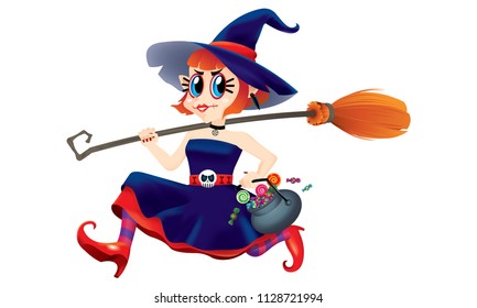 A running cute witch, holding a bowl of candies and a magic broom in her hand. Isolated.