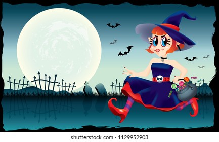 A running cute witch, holding a bowl of candies in her hand. With spooky background.