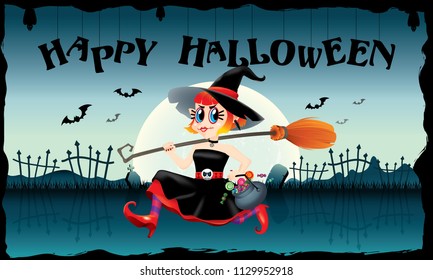 A running cute witch, holding a bowl of candies and a magic broom in her hand. With spooky background.