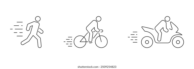 Conjunto de iconos de línea de carrera, ciclismo y motociclismo, símbolos de velocidad y movimiento. Estilo de vida activo, fitness, velocidad, concepto de aventura. Trazo Editable. Ilustración vectorial aislada.