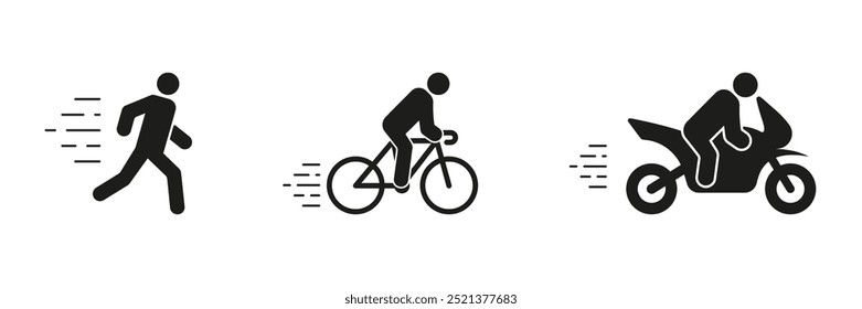 Running, Cycling, and Motorcycling Silhouette Icons Set, Speed and Movement Symbols. Active Lifestyle, Fitness, Speed, Adventure Concept. Isolated Vector Illustration.