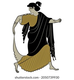 Running or dancing ancient Greek woman. Vase painting style. Isolated vector illustration.