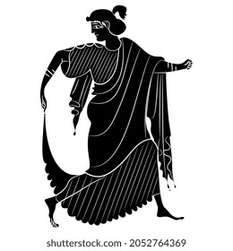 Running or dancing ancient Greek woman. Vase painting style. Black and white negative silhouette. Isolated vector illustration.