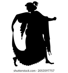 Running or dancing ancient Greek woman. Vase painting style. Black silhouette on white background. Isolated vector illustration.