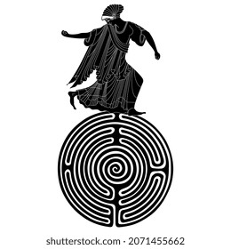 Running or dancing ancient Greek woman on top of a round spiral maze or labyrinth symbol. Creative concept. Black and white silhouette.