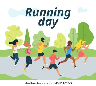 Running day flat vector illustration. Cartoon characters jogging in city park. People training for marathon. Outdoor activity. Men and women doing sport. Competition, exercise and athletics