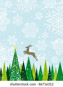 Running deer in the christmas forest,  vector illustration
