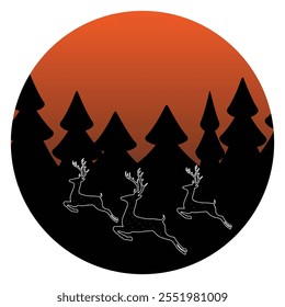 Ciervos corriendo y Ilustración vectorial de fondo de círculo de árbol de Navidad. Fondo de Navidades con Vector de icono de ciervo.