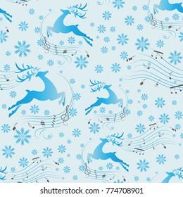 Running deer. Music of winter. Seamless pattern. Background image with deer, notes and snowflakes. Design for printing on fabric, paper or decorating a musical program for the New Year's concert.