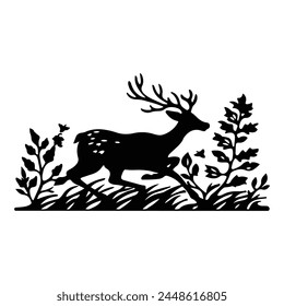 A Running Deer in nature black silhouette isolated view white background