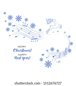 Running deer and winter music. Merry Christmas, Happy New Year. Poster, card  with deer, musical notes and snowflakes. Design for festive music program Vector illustration isolated, white background