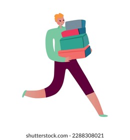 Running delivery service worker with stack of boxes flat vector illustration