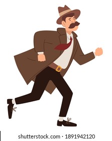 Running detective or inspector, chasing for suspect. Male personage from past on mission. Profession of agent of police. Job of gentleman. Vintage and old fashioned character, vector in flat style