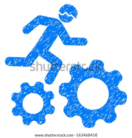 Running Developer Over Gears grainy textured icon for overlay watermark stamps. Flat symbol with dust texture. Dotted vector blue ink rubber seal stamp with grunge design on a white background.