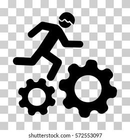 Running Developer Over Gears icon. Vector illustration style is flat iconic symbol, black color, transparent background. Designed for web and software interfaces.