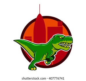 Running Dino And Big City Background