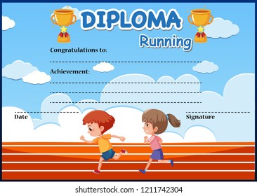 Running diploma certificate template illustration