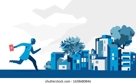 Running doctor with first aid kit red bag and stethoscope in the city. Vector illustration