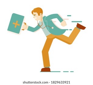 Running doctor. Physician, practitioner doctor or paramedic in uniform with medical equipment bag running hurry to provide first aid isolated on white. Emergency medical help vector illustration