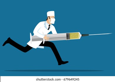 Running doctor with a syringe in his hands.