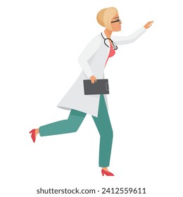Running doctor woman. Hospital emergency, medical worker in a hurry cartoon vector illustration