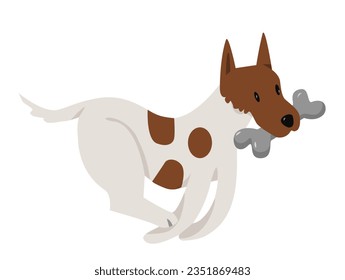 Running dog with bone. Playing doggy, family best friend pet vector illustration