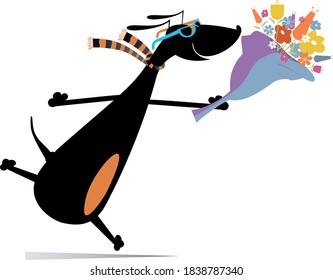 Running dog with a bunch of flowers illustration. Cartoon lucky dog falls in love and hurries to give a bunch of flowers isolated on white illustration
