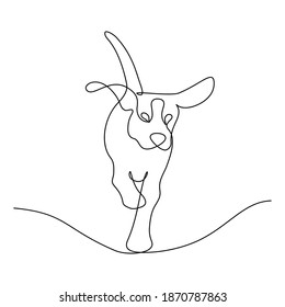 Running dog in continuous line art drawing style. Minimalist black linear sketch isolated on white background. Vector illustration