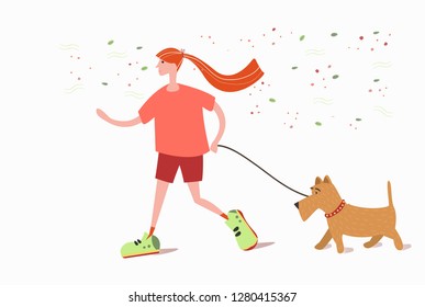 Running with the dog. Flat design. Redhead girl and red dog. Spring sport. Idea for web, banners, posters, magazines.