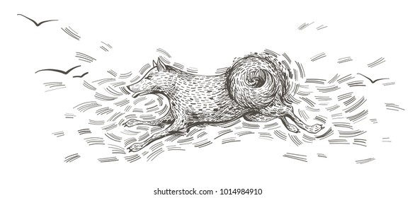 Running dog, hand drawn character sketch. Ink vector illustration. Hound fast jumping with birds.