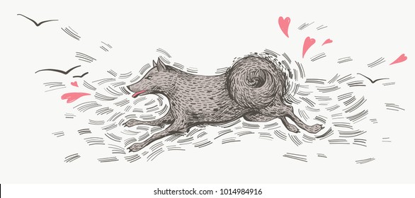 Running dog, hand drawn character sketch. Ink vector cute illustration. Hound fast jumping with birds and hearts.
