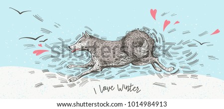 Running dog, hand drawn character sketch. Ink vector cute illustration. Husky fast jumping with birds and hearts. I love winter seasonal postcard. 