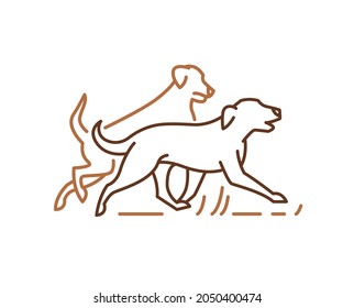 Running dog line icon, pets symbol, labrador golden retrievers playing together. Outline vector illustration for logo identity, isolated on white. Pedigree friendly pup simple emblem design.