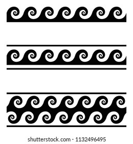 Running dog pattern, a seamless meander design over white. Continuous waves, shaped into a repeated motif. Scroll pattern, used as decorative border. Also Vitruvian wave or Vitruvian scroll. Vector.