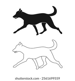 Running dog silhouette and line art dog vector illustration on a white background