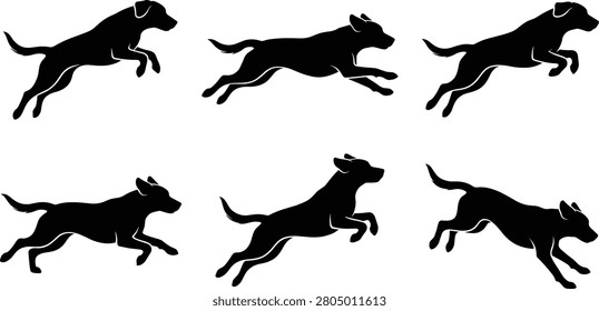 Running dog silhouettes, jumping labrador retriever, fast puppy racing, dynamic motion sequence, active pet icons, isolated graphic illustration