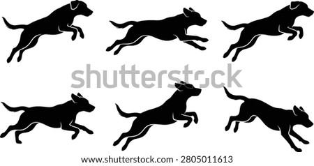 Running dog silhouettes, jumping labrador retriever, fast puppy racing, dynamic motion sequence, active pet icons, isolated graphic illustration