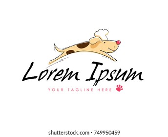 Running Dog in White Chef Hat. Logo Template. Vector illustration.