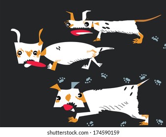 running dogs, hand drawn in vector in primitive cartoon like style.