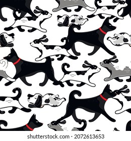 Laufende Hunde und Welpen nahtlose Muster. Handgezeichnete Tiere in grauem, schwarz-weißem Hintergrund.Trendy, Vektorhintergrund mit Haustieren.Perfekt für Textilien, Wickelpapier, Modestoffe, Tapeten.