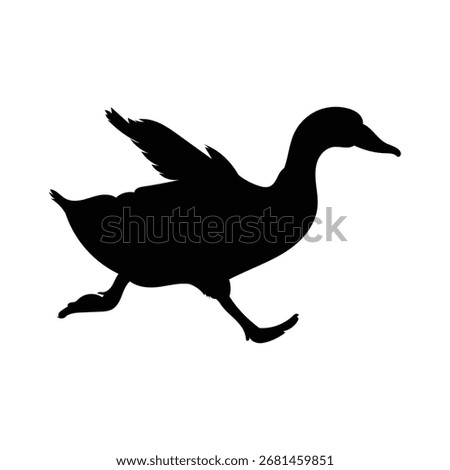 Running Duck Silhouette with Open Wings. Black Duck Vector Illustration. Ideal for wildlife, safari, and animal themed illustrations