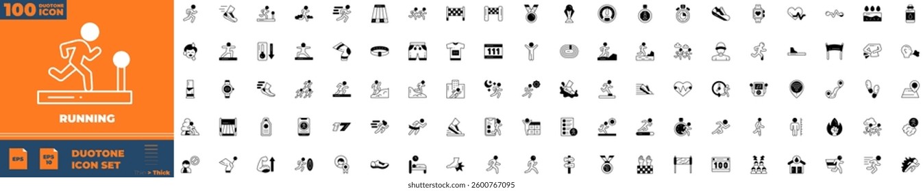 Running Duotone Editable Icons set. Vector illustration in modern thin duotone style of running icons: shoe, foot, sport, training, etc