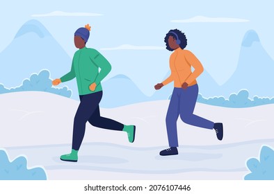 Running during wintertime flat color vector illustration. People training together during cold weather. Couple exercising together 2D cartoon characters with wintry landscape on background