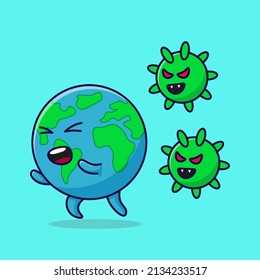 running earth planet chased by a virus icon cartoon illustration isolated object