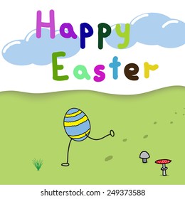 Running egg. Green field. Text. Vector illustration. EPS 10.