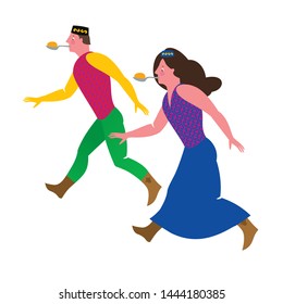 Running with egg, Tatar national holiday Sabantuy. Vector drawing.