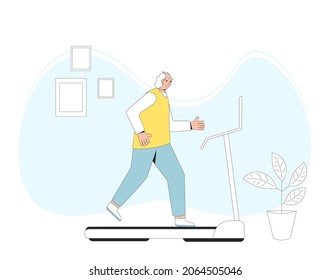 Corriendo a un anciano en la cinta de correr en casa. Jogger en el gimnasio. Lucha contra la hipodynamia. Ilustración vectorial.