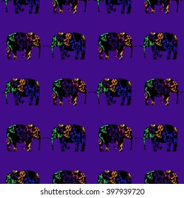 Running elephant. Oriental ornaments. Repeating background for textile, wrapping paper or Wallpaper.